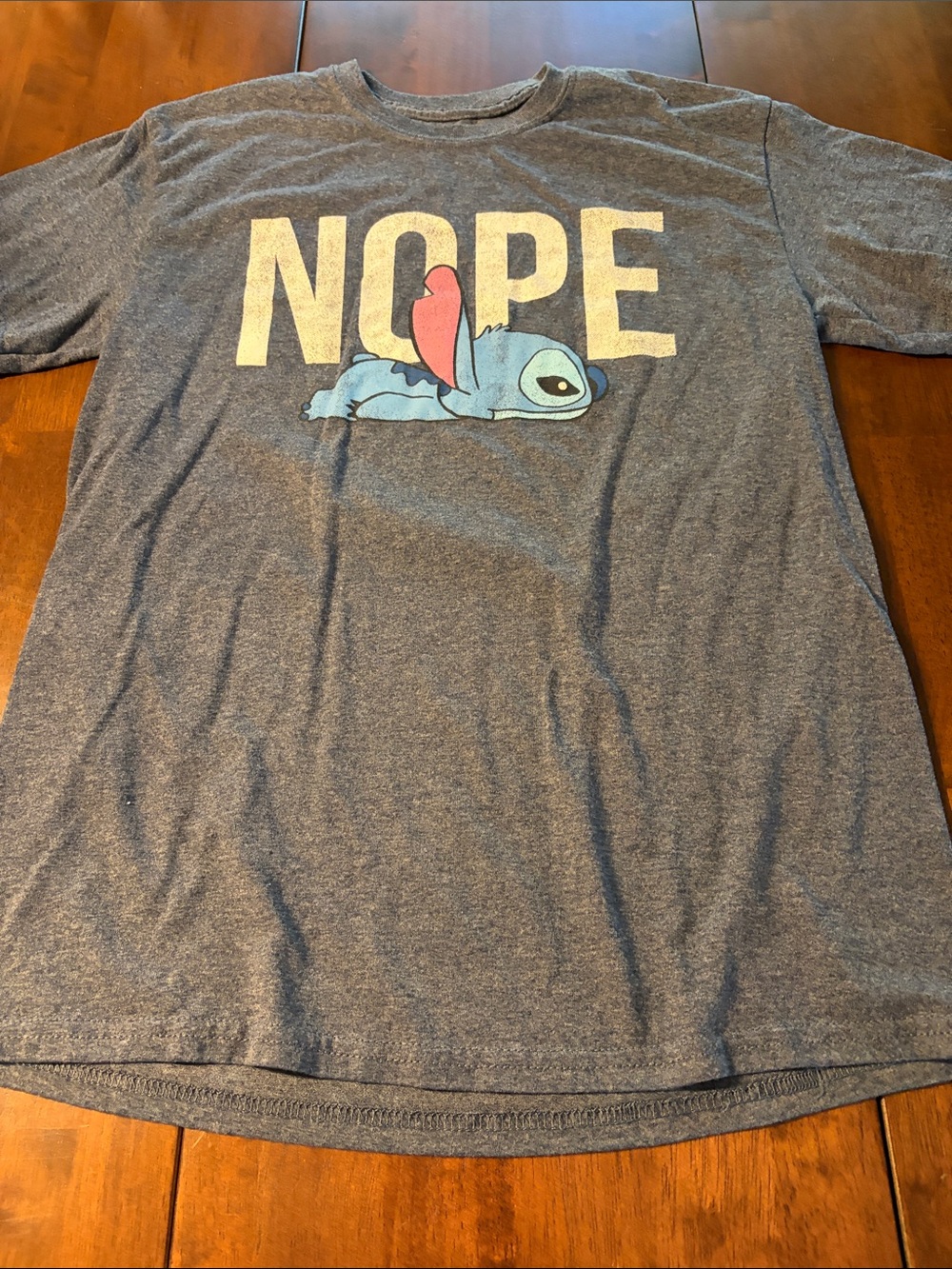 Disney Gray Tee with Blue Stitch and Pink Accent "NOPE" Graphic